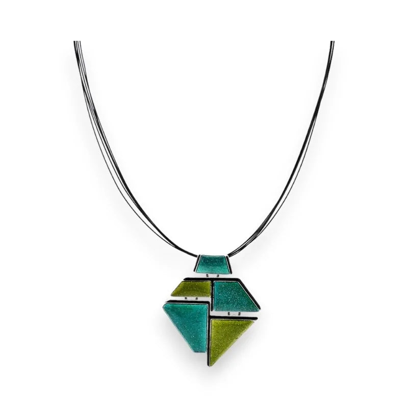 Collier pendentif géométrique vert anis et turquoise sur cordon noir, bijou moderne