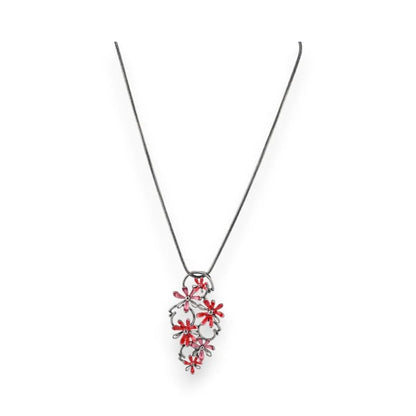 Collier pendentif floral rouge et blanc sur chaîne fine argentée, bijou fantaisie Ikita