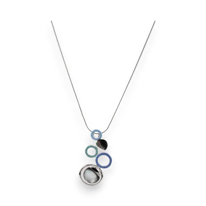 Collier argenté avec pendentif géométrique de cercles bleus et gris, bijou fantaisie...
