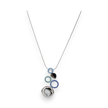 Collier argenté avec pendentif géométrique de cercles bleus et gris, bijou fantaisie...