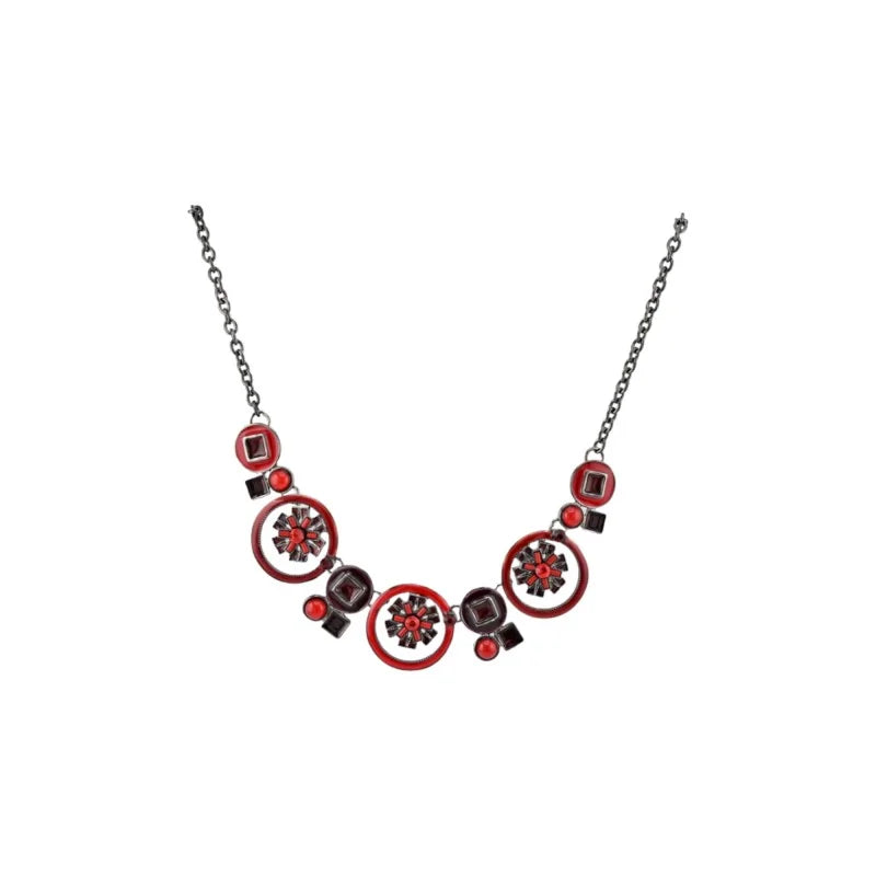 Collier fantaisie avec médaillons rouges et noirs, style géométrique moderne