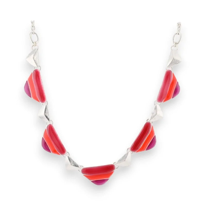 Collier argenté avec pendentifs triangulaires rouges et oranges, bijou fantaisie élé...