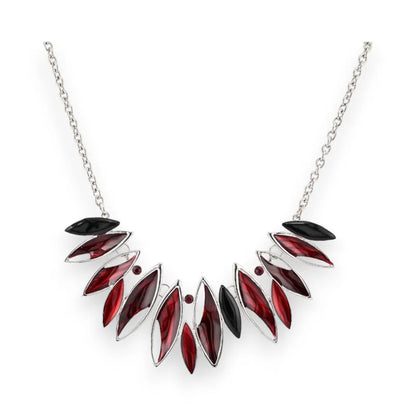 Collier argenté avec pendentifs feuilles bordeaux et noires, bijou fantaisie élégant