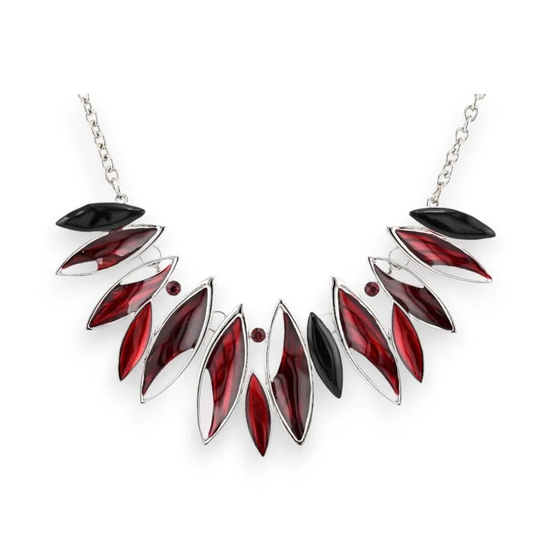 Collier Fantaisie Argenté Ikita  feuilles Bordeaux