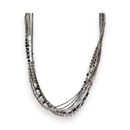 Collier multi-rangs argenté et noir avec perles et chaînes fines entrelacées