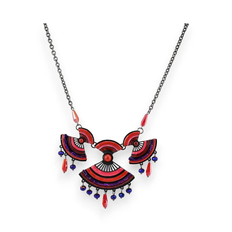 Collier fantaisie bohème rouge et bleu avec pendentif éventail et perles sur chaîne ...