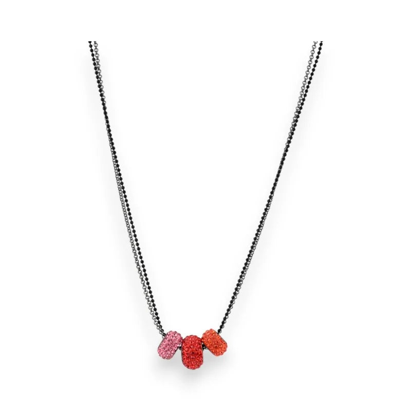 Collier fantaisie noir avec pendentif de perles strass rouges et roses