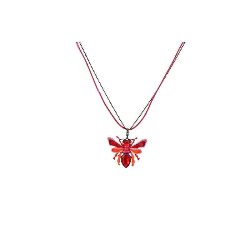 Collier pendentif insecte rouge cristal, chaîne fine double, bijou fantaisie Ikita