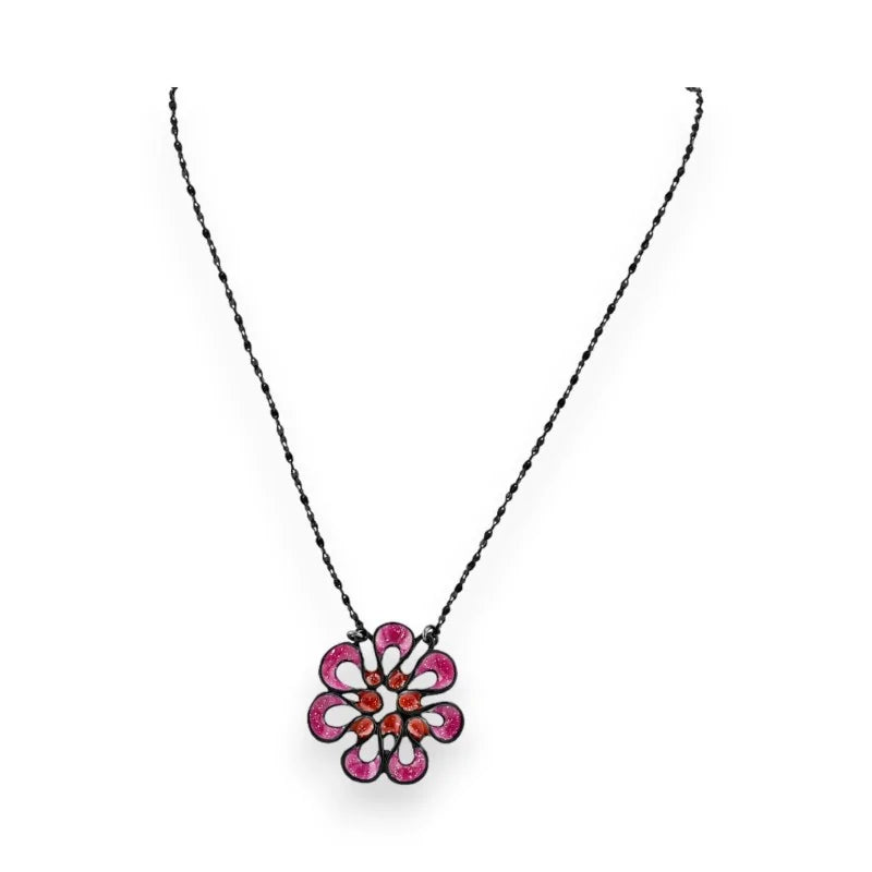 Collier pendentif fleur rose fuchsia en métal avec strass sur chaîne fine noire