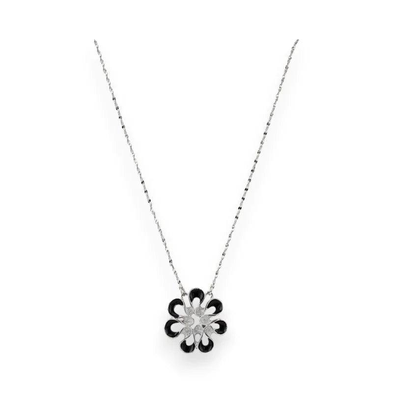Collier pendentif fleur argenté et noir Ikita sur chaîne fine, bijou élégant et mod...