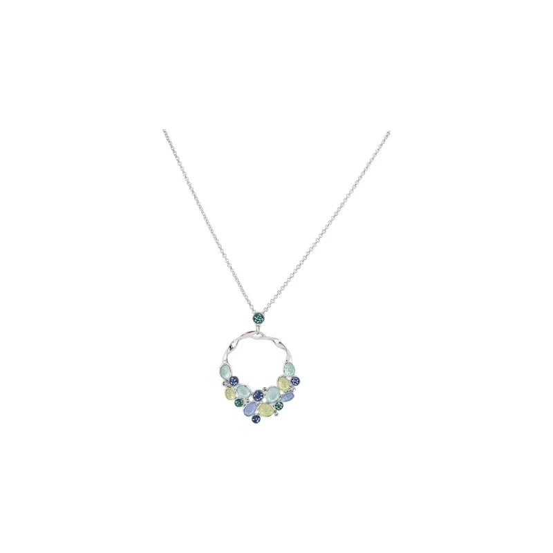 Collier pendentif argent cercle orné de pierres bleues et vertes style alvéoles Ikita