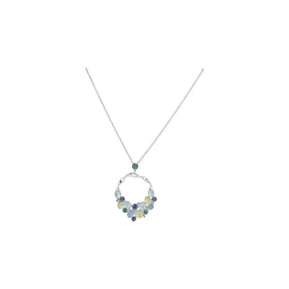 Collier pendentif argent cercle orné de pierres bleues et vertes style alvéoles Ikita