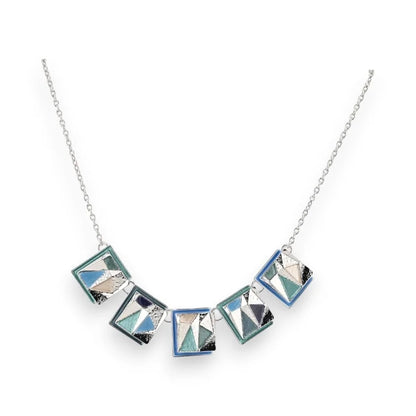 Collier géométrique avec 5 carrés bleu et argent sur chaîne fine, bijou fantaisie I...