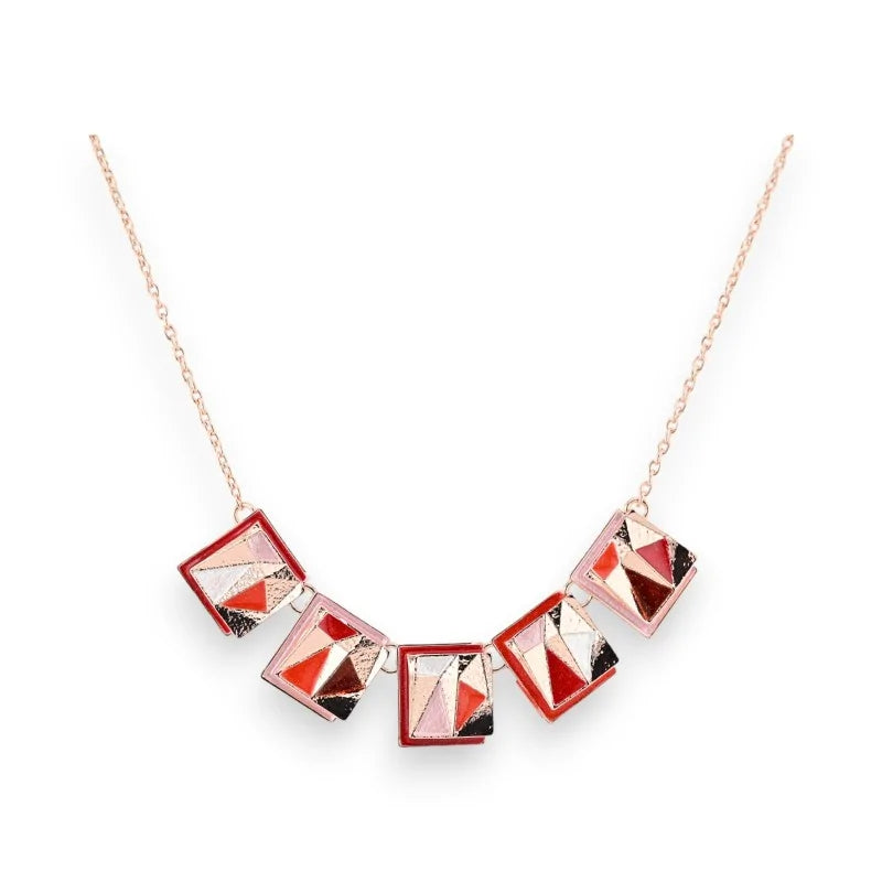Collier géométrique cuivré rosé avec pendentifs rectangulaires rouges et blancs, Ikita