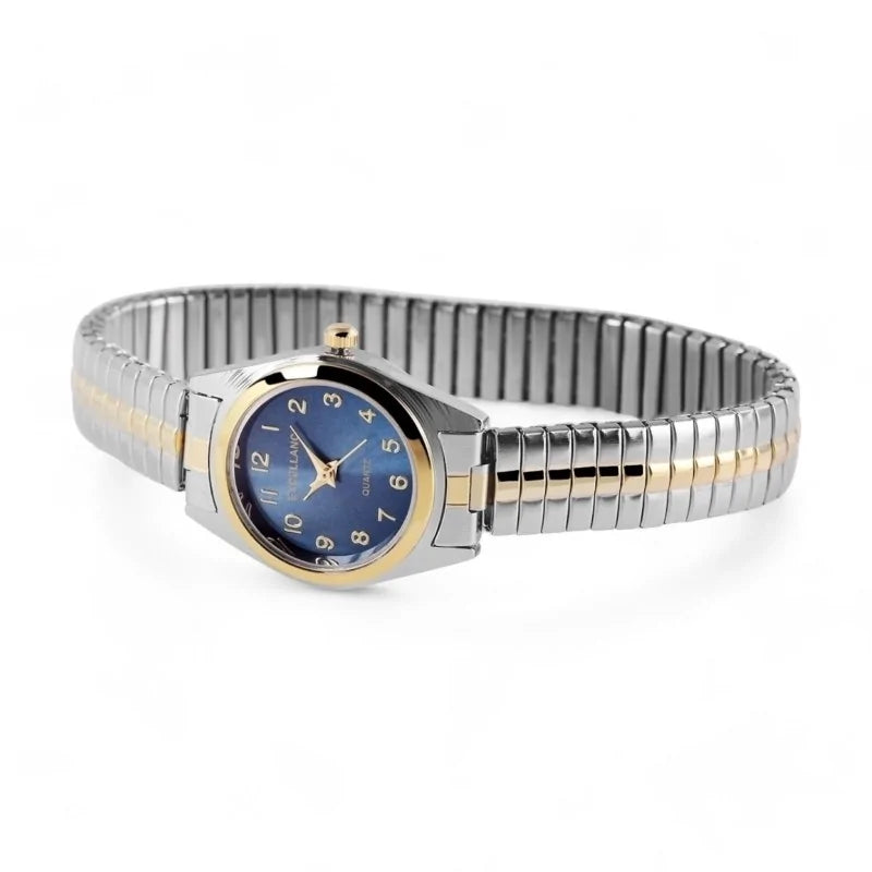 Montre femme Excellanc bicolore acier inoxydable, bracelet extensible, cadran bleu