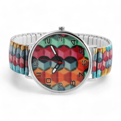 Montre Donna Kelly multicolore pour femme, bracelet extensible motif géométrique coloré