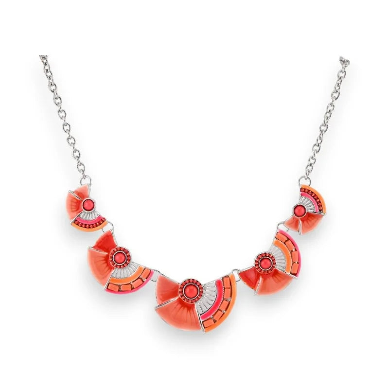 Collier argenté avec pendentifs corail en forme de demi-cercles et perles rouges