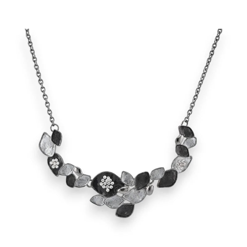 Collier fantaisie floral métallisé gris et noir avec chaîne et pendentifs en forme d...