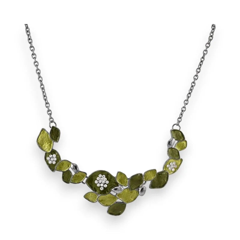Collier argenté avec feuilles vertes et strass, bijou fantaisie nature élégant
