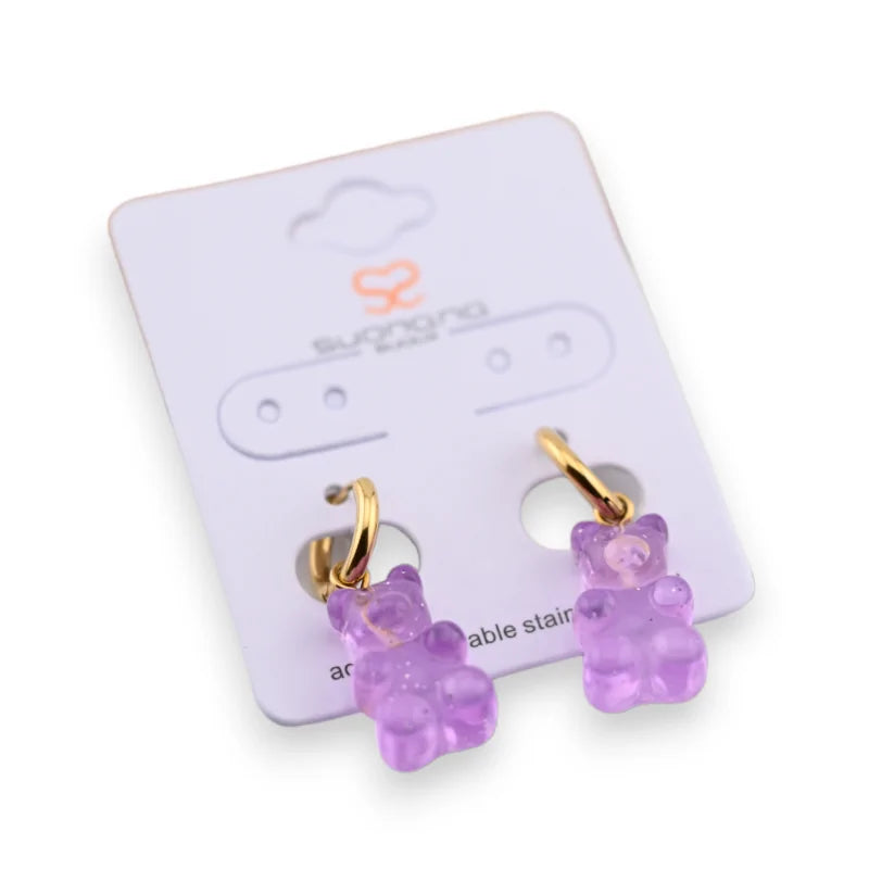 Boucle d'oreille acier nounours bonbon parme