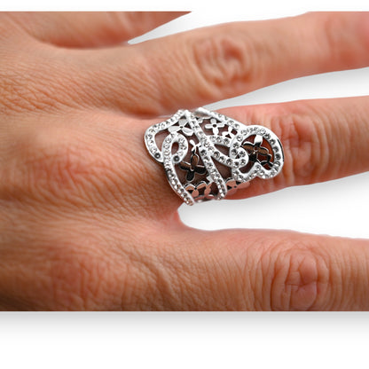 Bague acier argenté arabesque strass
