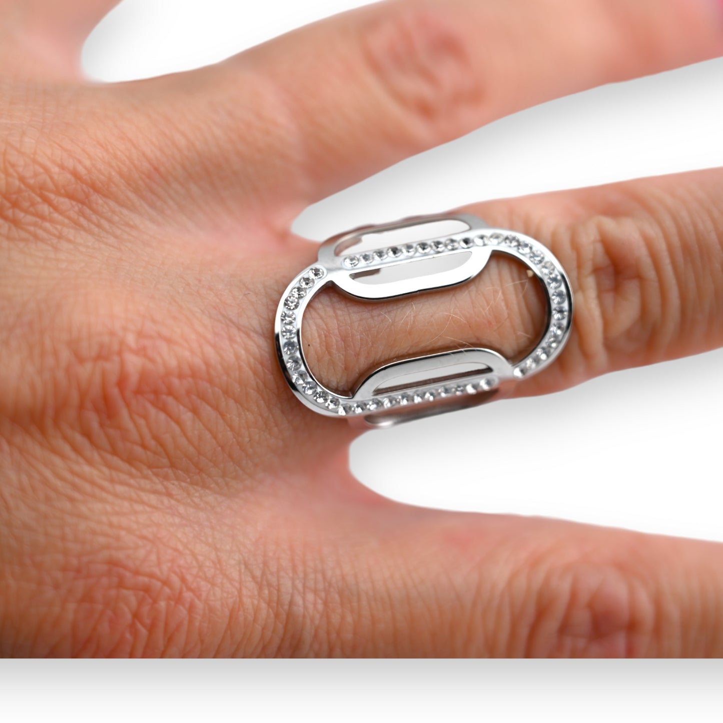 Bague acier argenté forme géométrique ovale