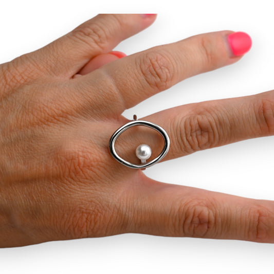 Bague acier argenté ovale et perle