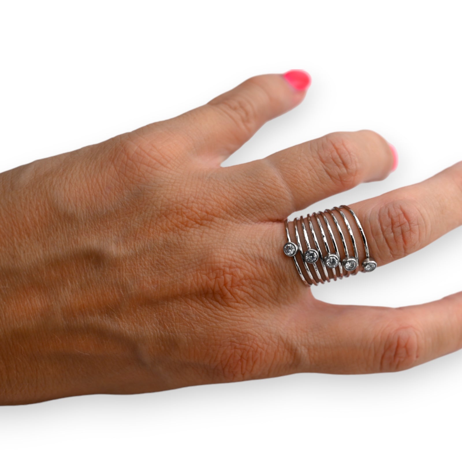 Bague acier argentée ressort strass
