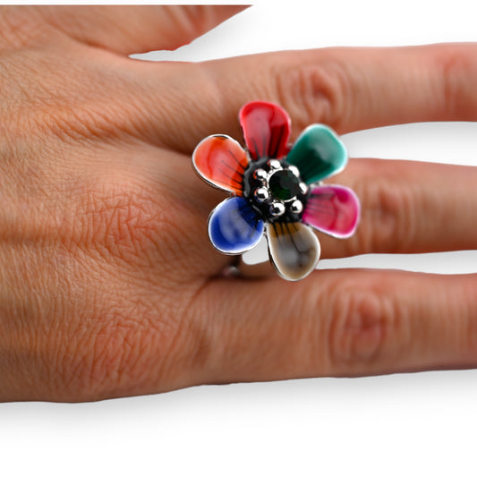Bague fantaisie argentée fleur multicolore