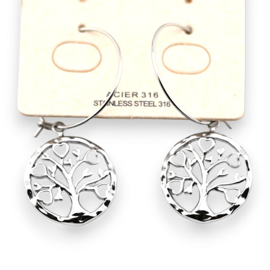 Boucle d'oreille acier argenté pendante arbre de vie blanc