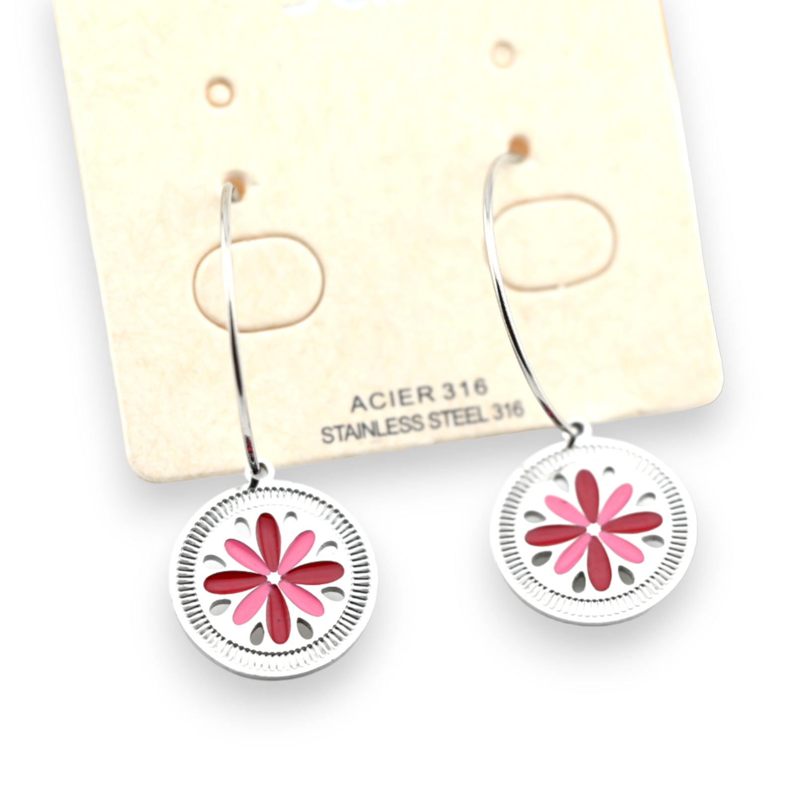 Boucle d'oreille acier argenté pendante breloque fleur rose