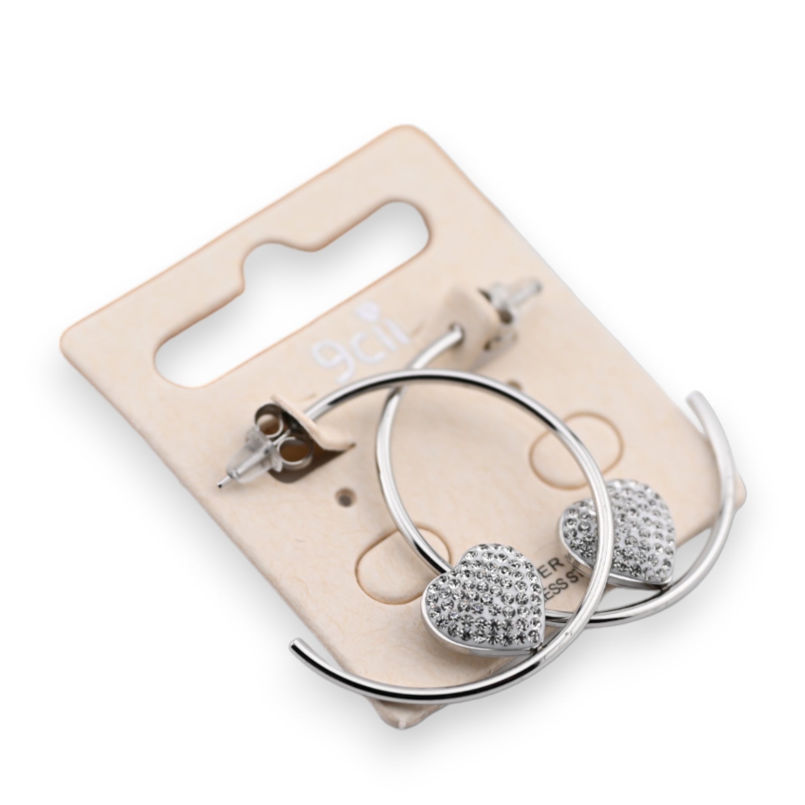 Boucle d'oreille demi créole acier argenté coeur strass