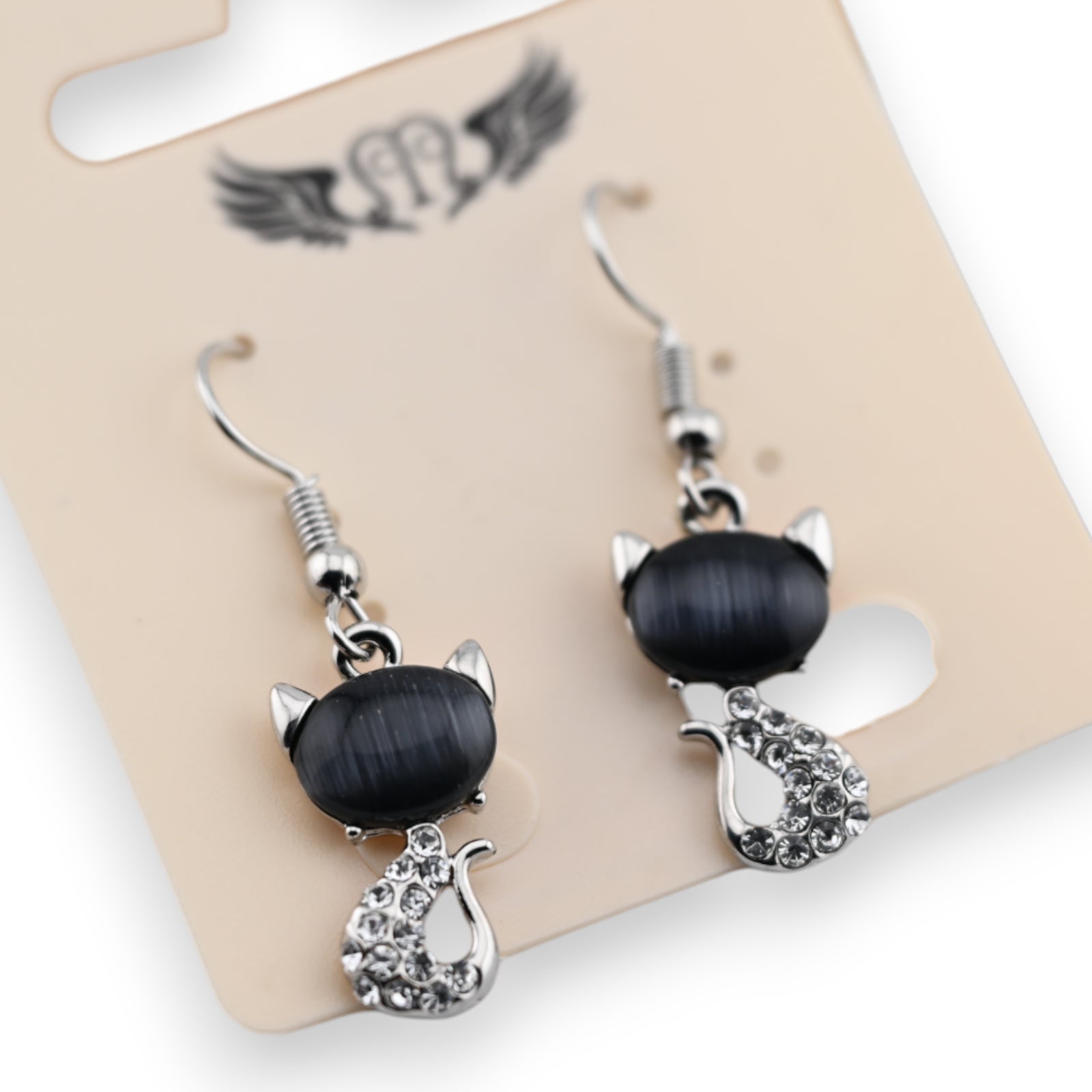 Boucle d'oreille fantaisie argentée chat noir et strass