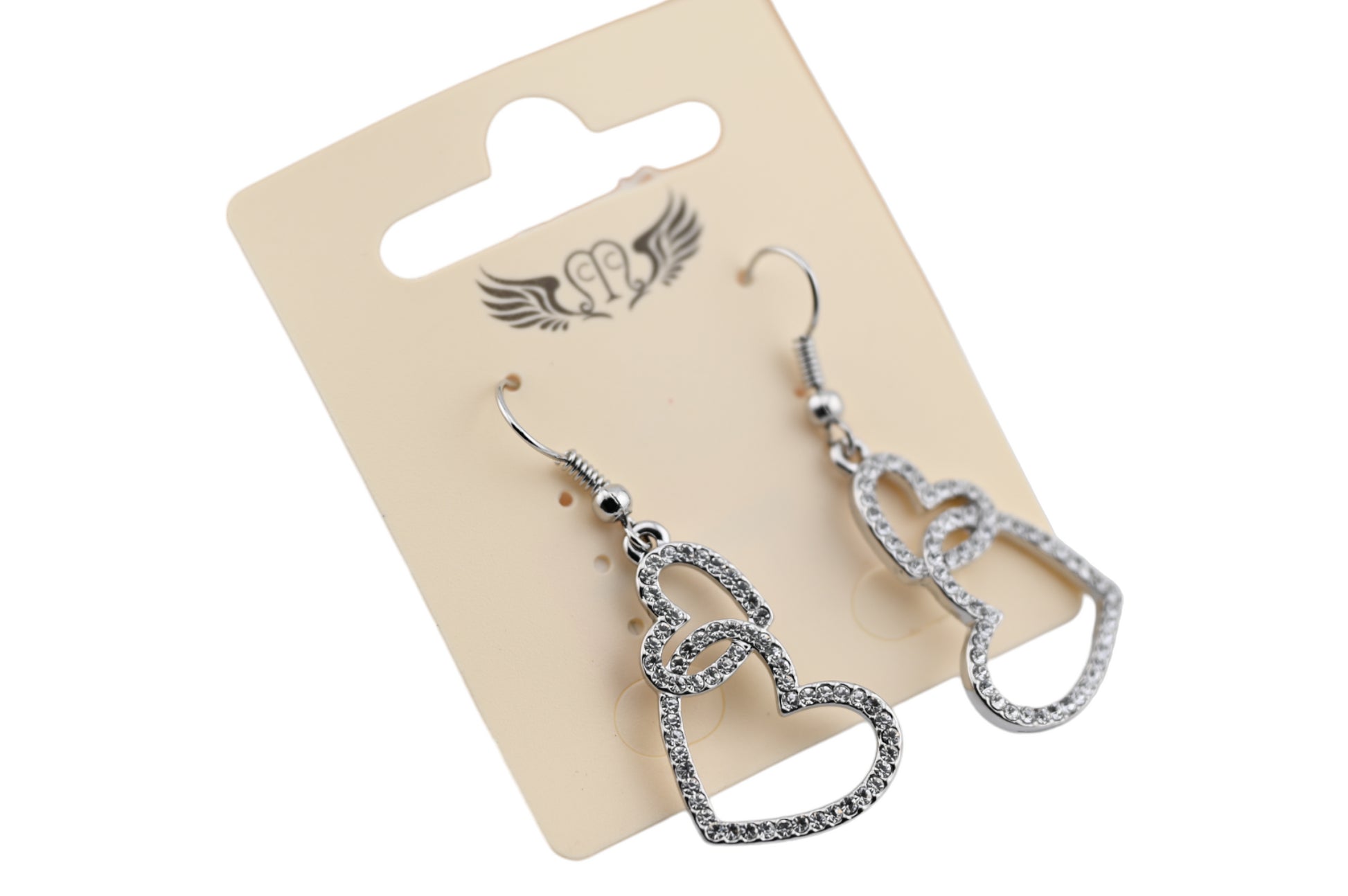 Boucle d'oreille fantaisie argentée pendante double coeur strass