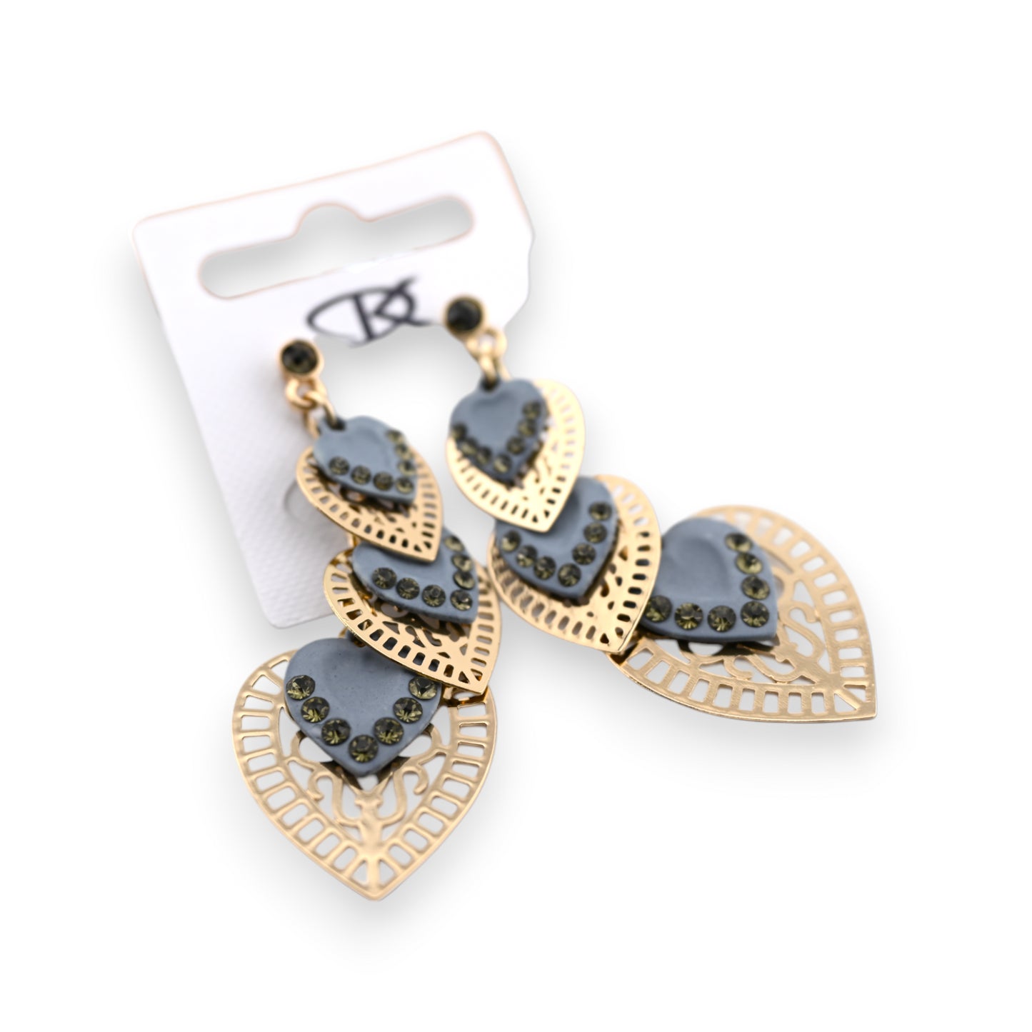Boucle d'oreille fantaisie cascade coeurs gris et dorés