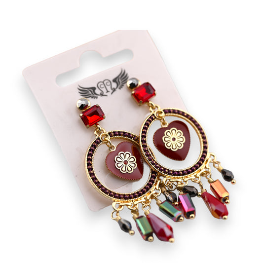 Boucle d'oreille fantaisie pendante dorée et coeur bordeau