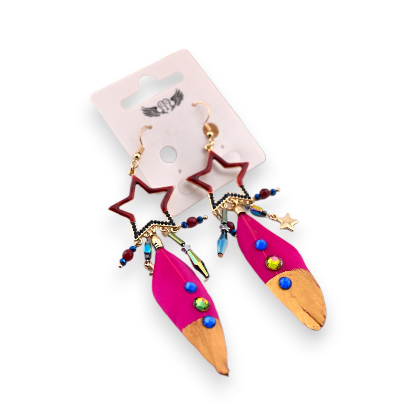 Boucle d'oreille fantaisie pendante plume fuchsia