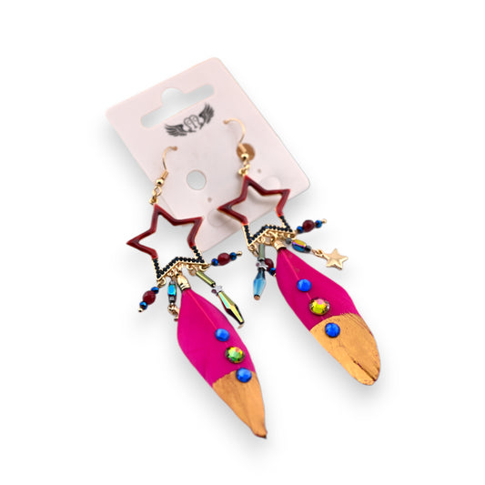 Boucle d'oreille fantaisie pendante plume fuchsia