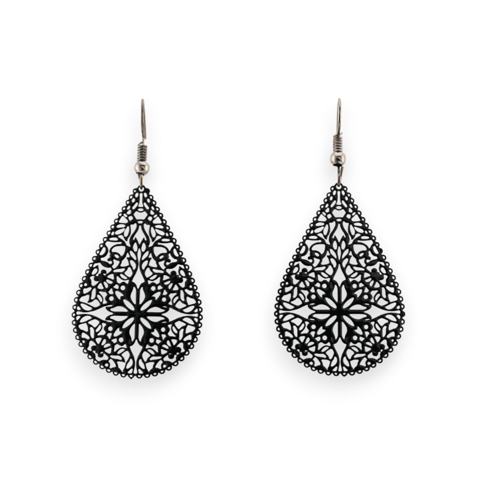 Boucle d'oreille goutte dentelle métal noir