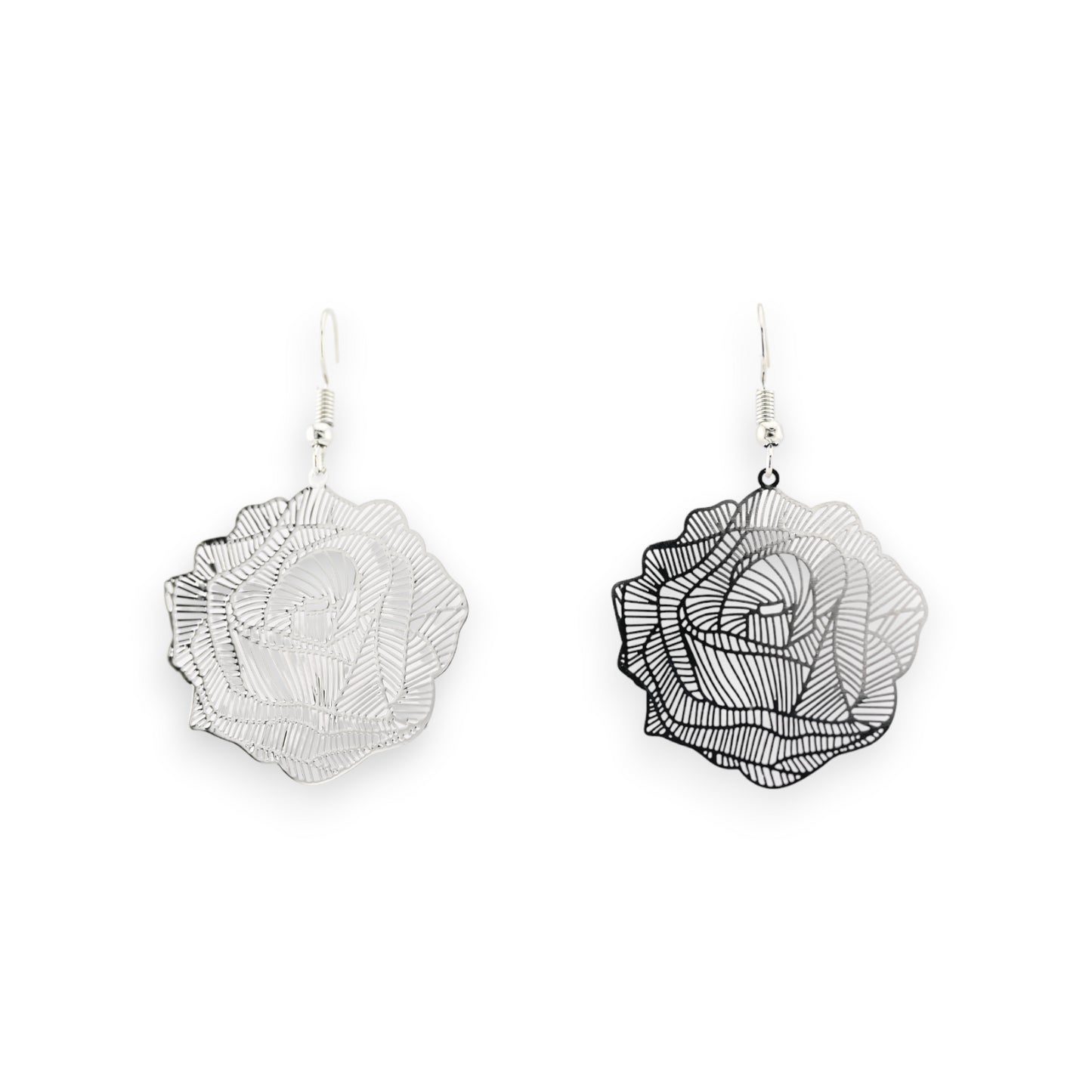 boucle d'oreille roses argenté dentelle métal miroir