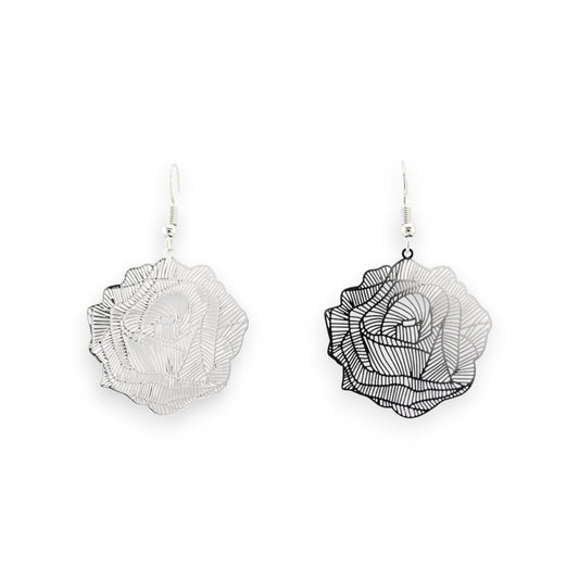 boucle d'oreille roses argenté dentelle métal miroir