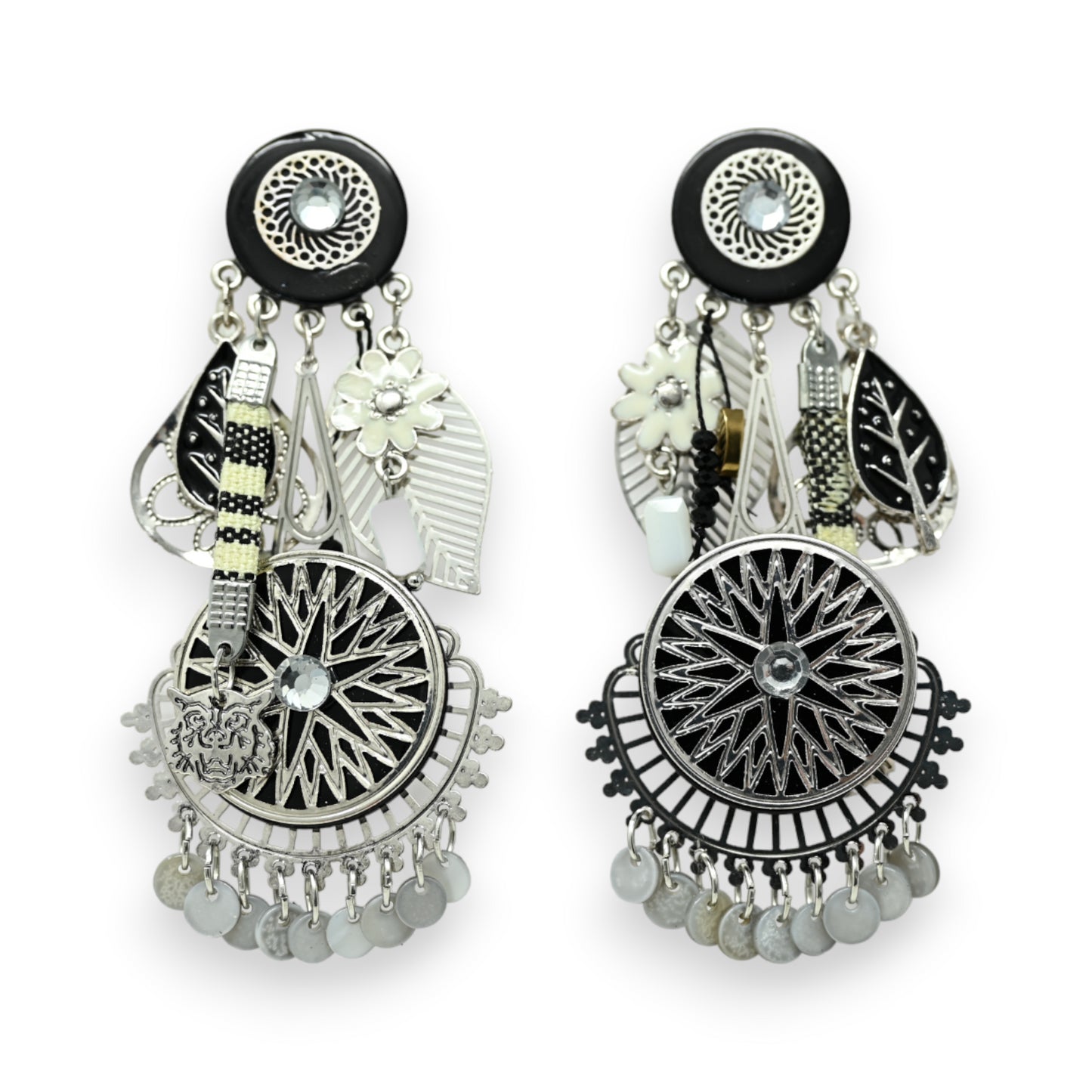 Boucles d'oreilles clip bohème noir et blanc