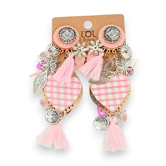 Boucles d'oreilles clip Lolilota coeur vichy rose