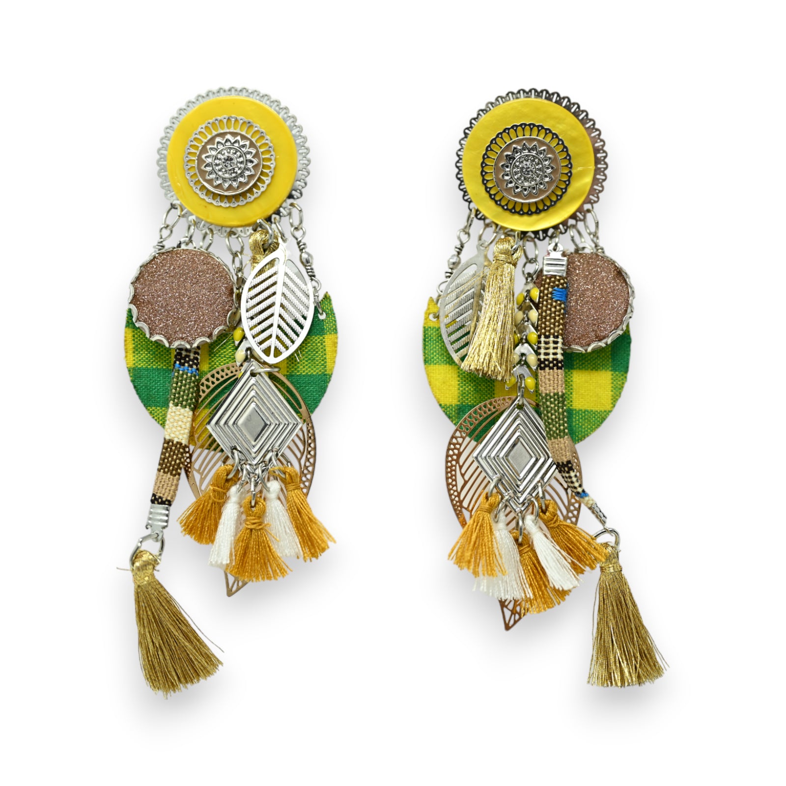 Boucles d'oreilles clip vichy jaune et vert