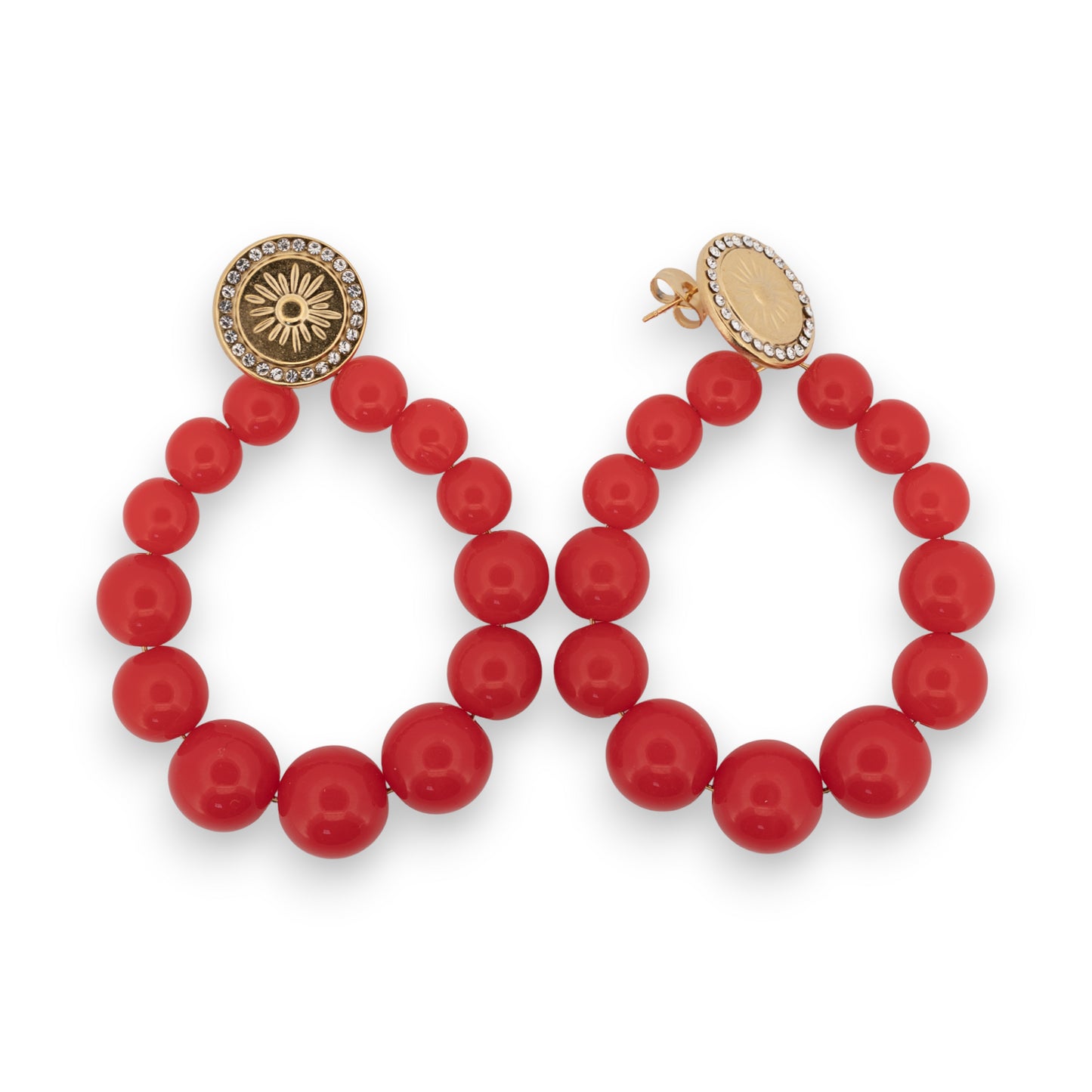 Boucles d'oreilles créoles dorées perles rouge