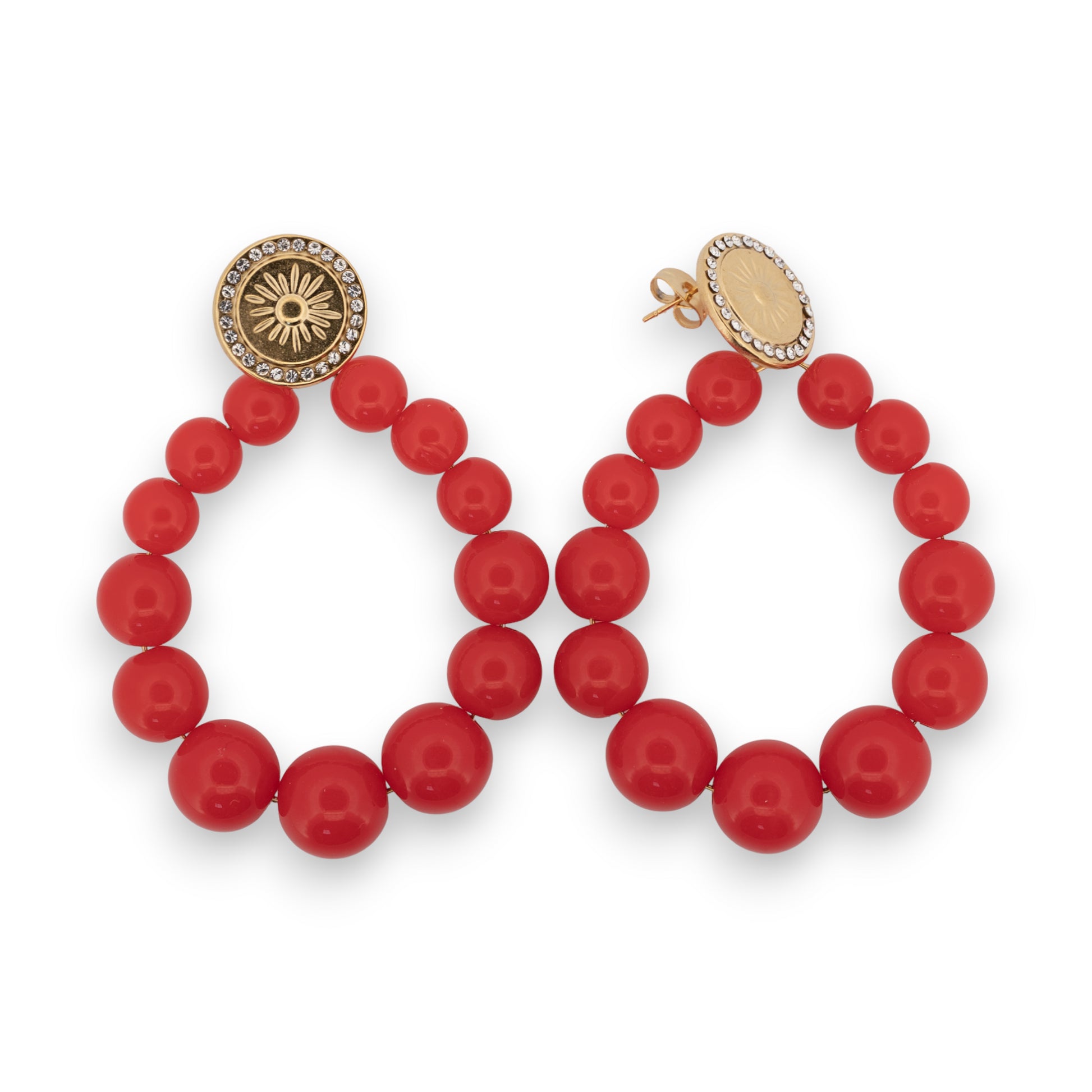 Boucles d'oreilles créoles dorées perles rouge