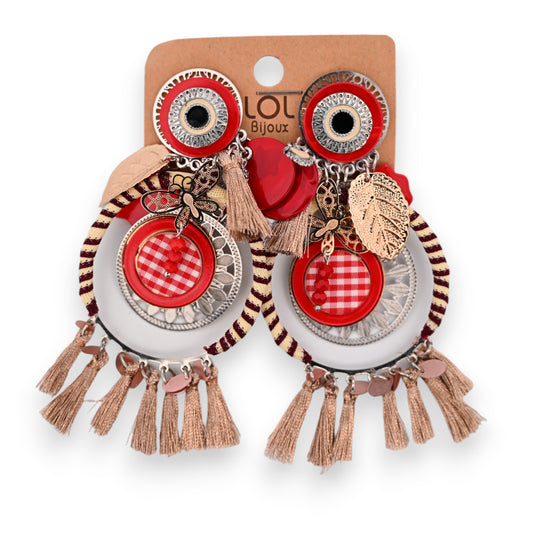 Boucles d'oreilles fantaisie à clip bohème rouge vichy