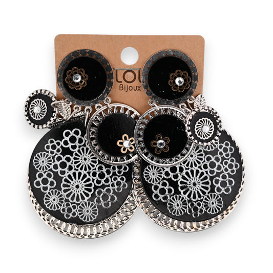 Boucles d'oreilles fantaisie à clip  gros médaillon noir
