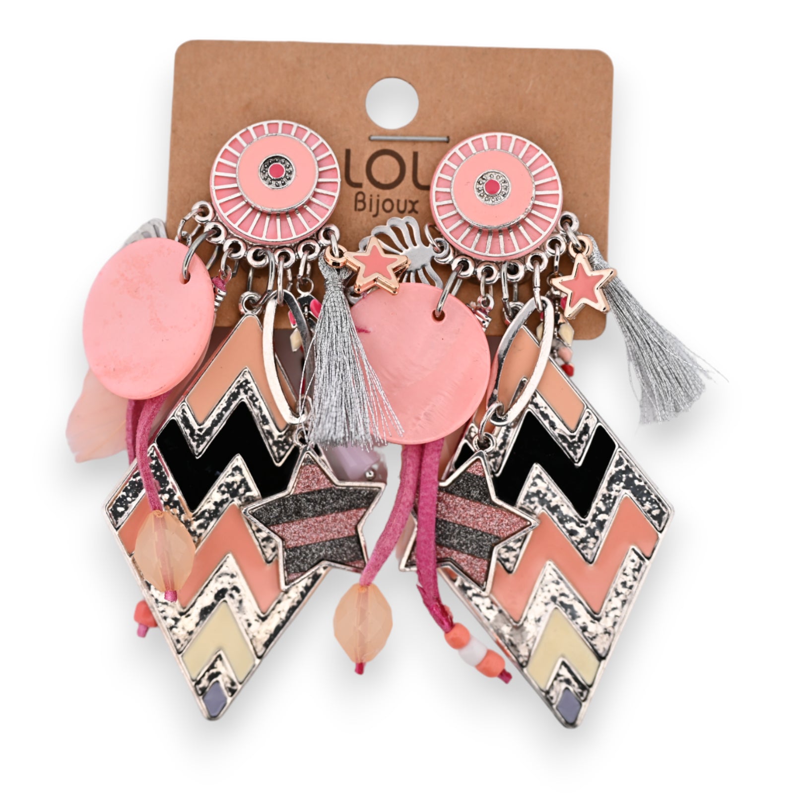 Boucles d'oreilles fantaisie à clip médaillon losange rose