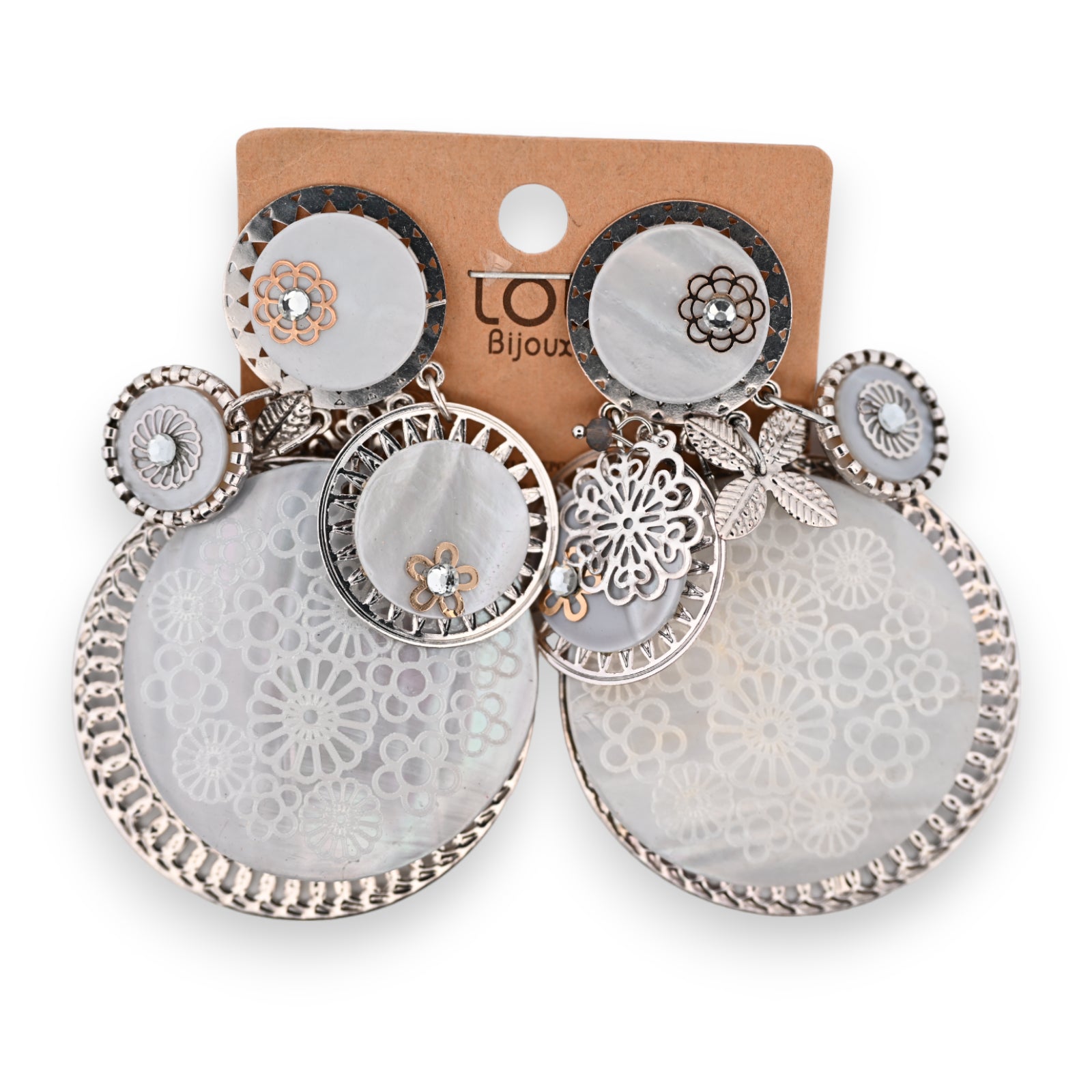 Boucles d'oreilles fantaisie argentée à clip rond blanc pierre nacrée